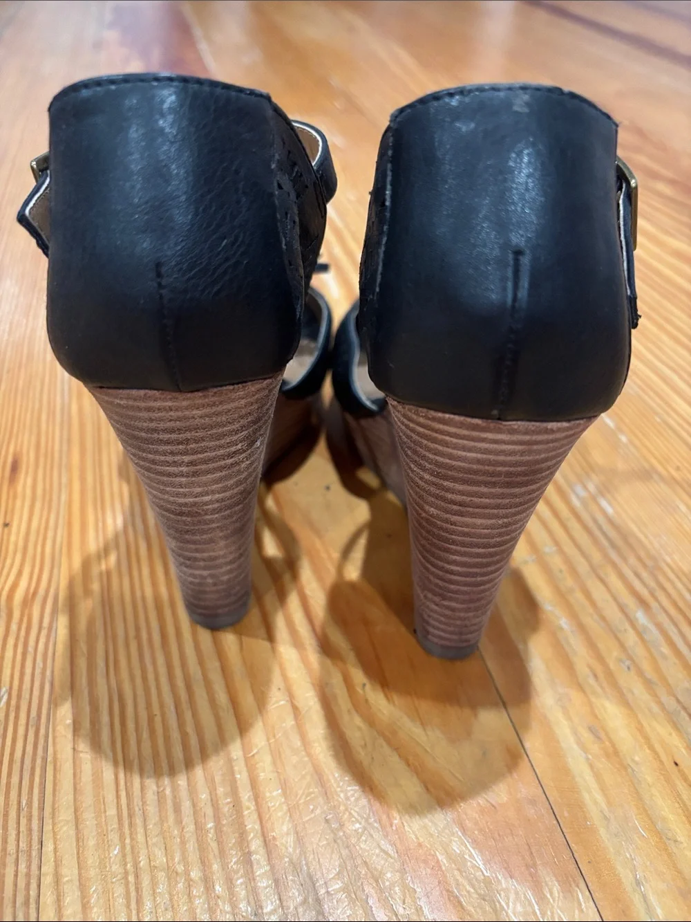 Black T-Strap Wedge Sandals with Perforated Detail